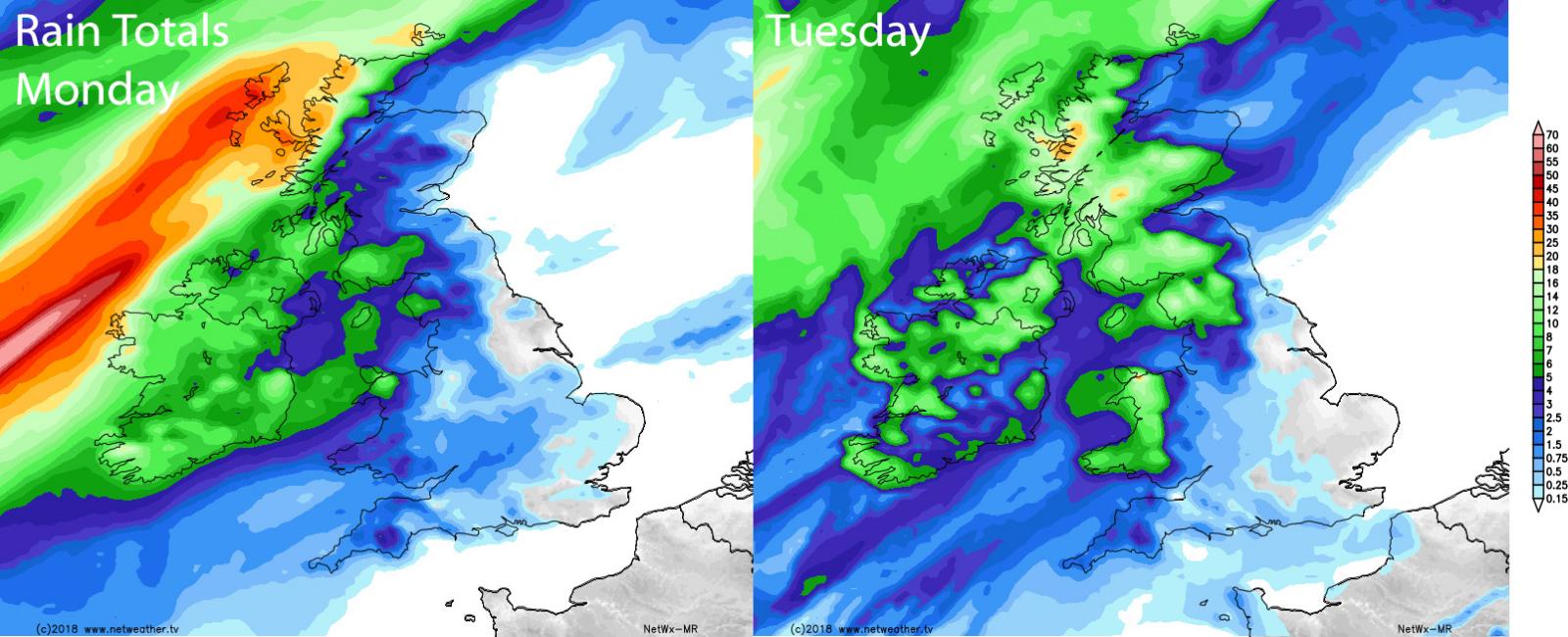 Rain totals on Monday and Tuesday - wettest in the northwest
