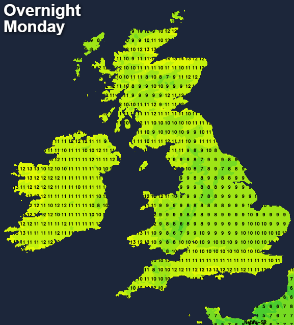 Overnight temperatures Monday into Tuesday - mild for most