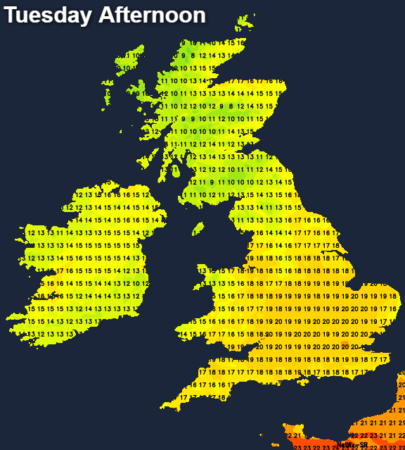 Temperatures Tuesday afternoon - into the low-twenties in the south
