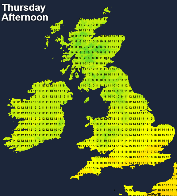 Temperatures on Thursday afternoon