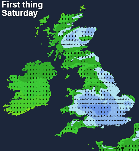 Temperatures first thing on Saturday