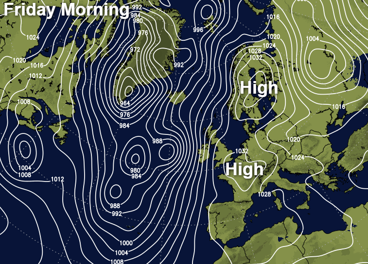 High pressure to the southeast and northeast of the UK