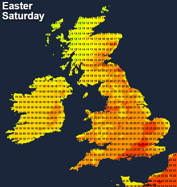 Temperatures on Easter Saturday