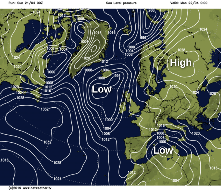 High pressure moving away to the east
