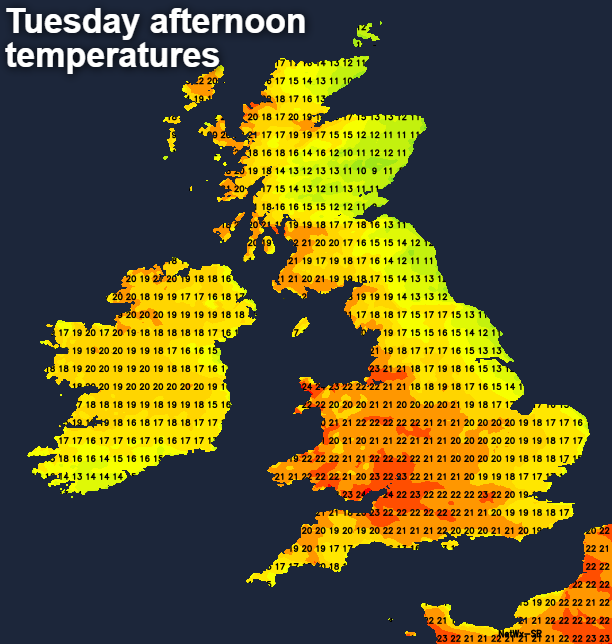 Temperatures on Tuesday afternoon