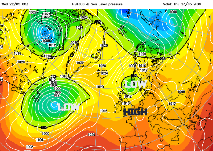 Pressure chart showing low to NE of UK and high to south