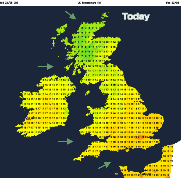 Temperature map for UK today