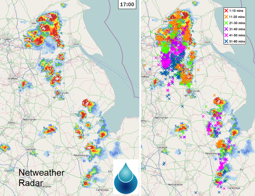 Netweather Radar showing thundery showers and lightning strikes