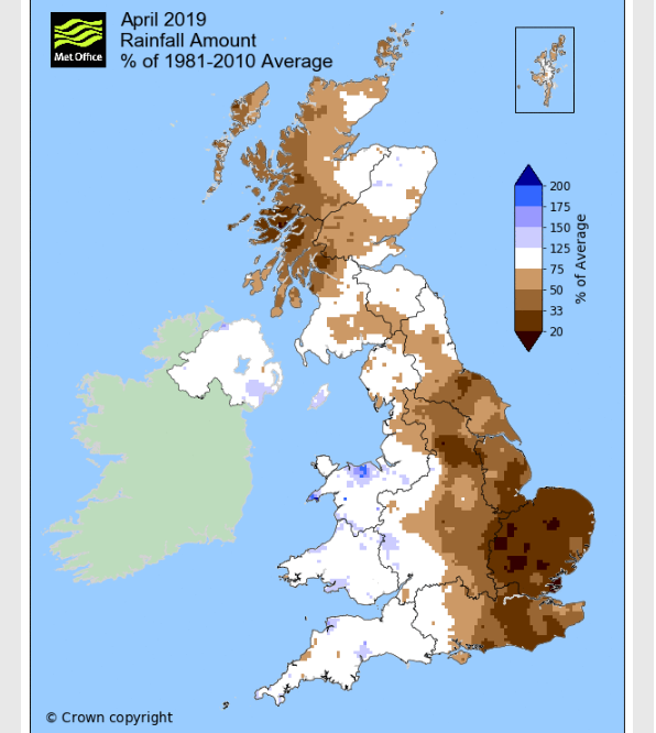 UK Met Office April 2019 rainfall, dry eastern England. W.Scotland