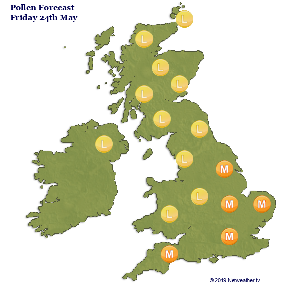 Moderate grass pollen levels in the south on Friday