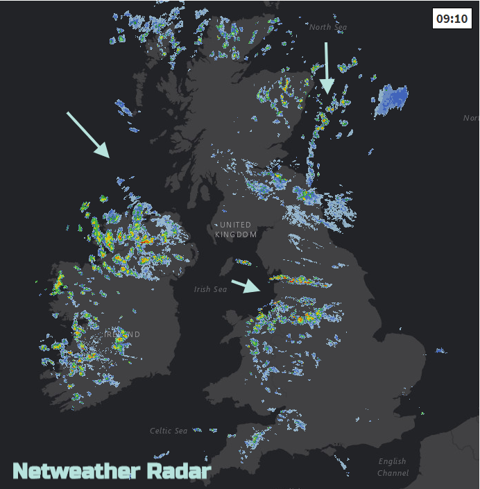 Netweather Radar showing showers from NW and north 9am