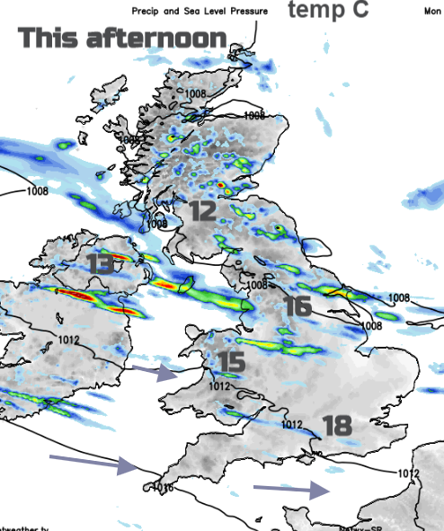 This afternoon UK forecast, more showers scattered