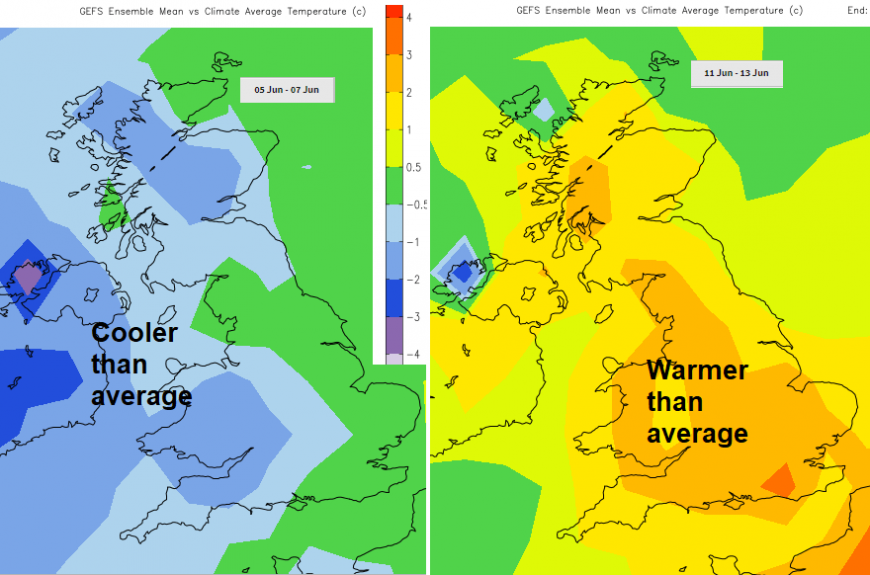 Cooler spell this week, after warm weekend, warmer mid June graphic