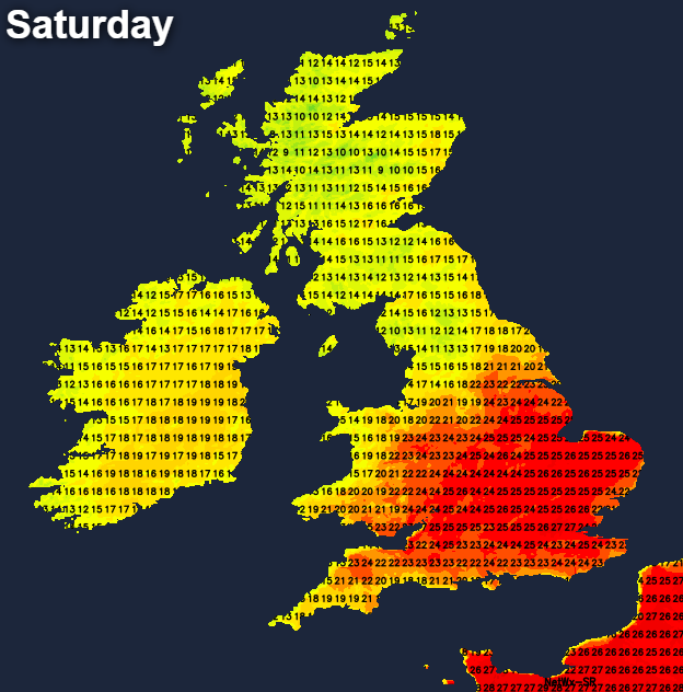 Very warm in the south on Saturday