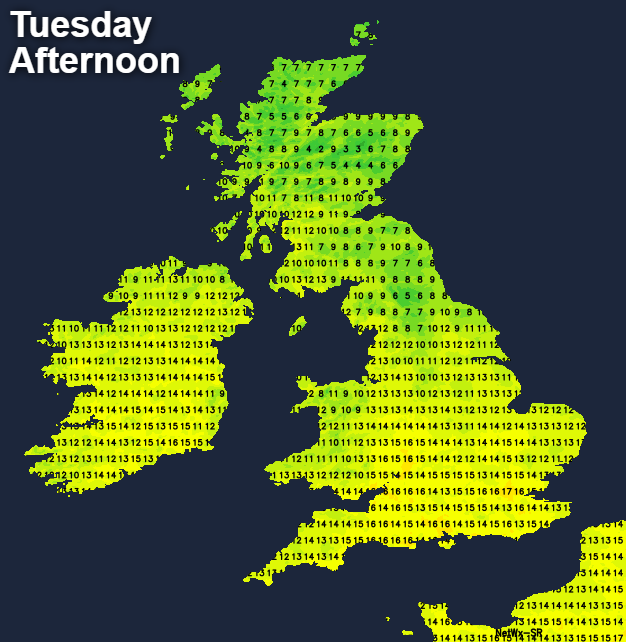 Temperatures on Tuesday afternoon
