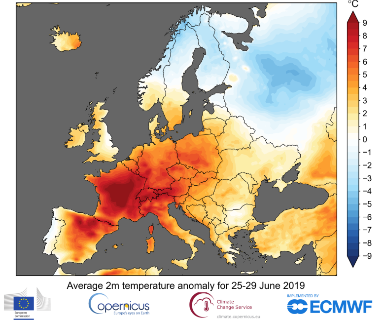 End of June Europe temperature map