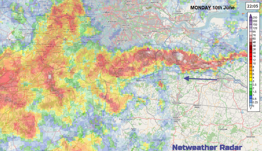 Radar image showing heavy thundery rain