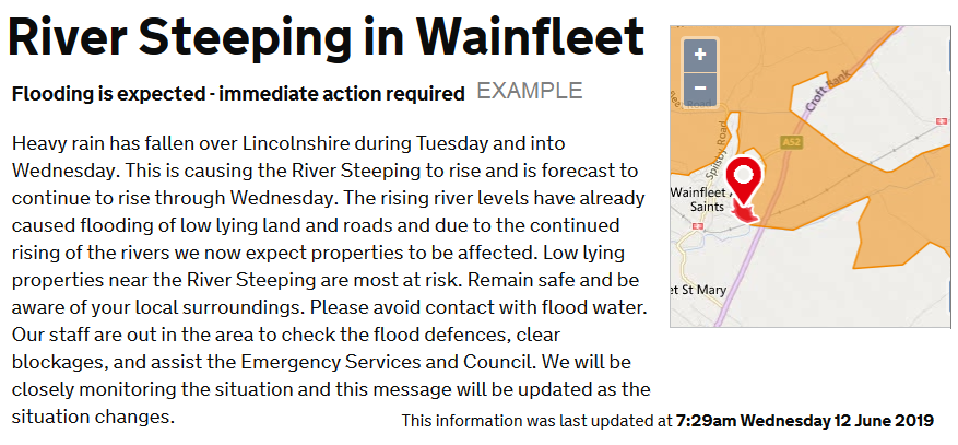 Flood warning for Wainfleet Lincolnshire after heavy rain