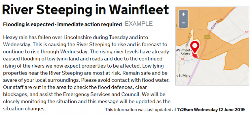 Flood warning for Wainfleet Lincolnshire after heavy rain