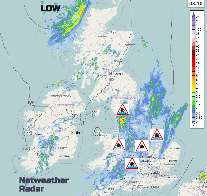 UK Radar image with flood warnings