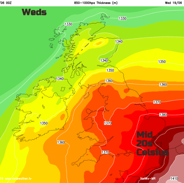 Thickness chart for Weds showing warmth in SE