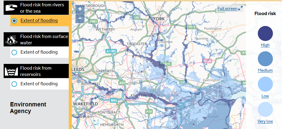 Flood risk map for Yorkshire and York
