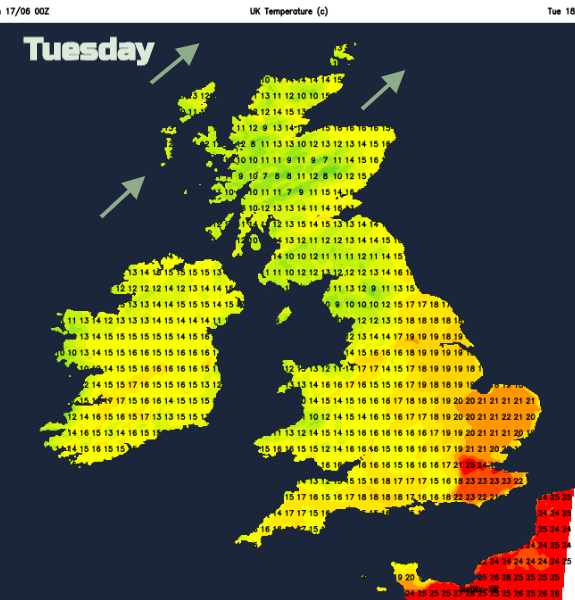 Tuesday temperatures UK