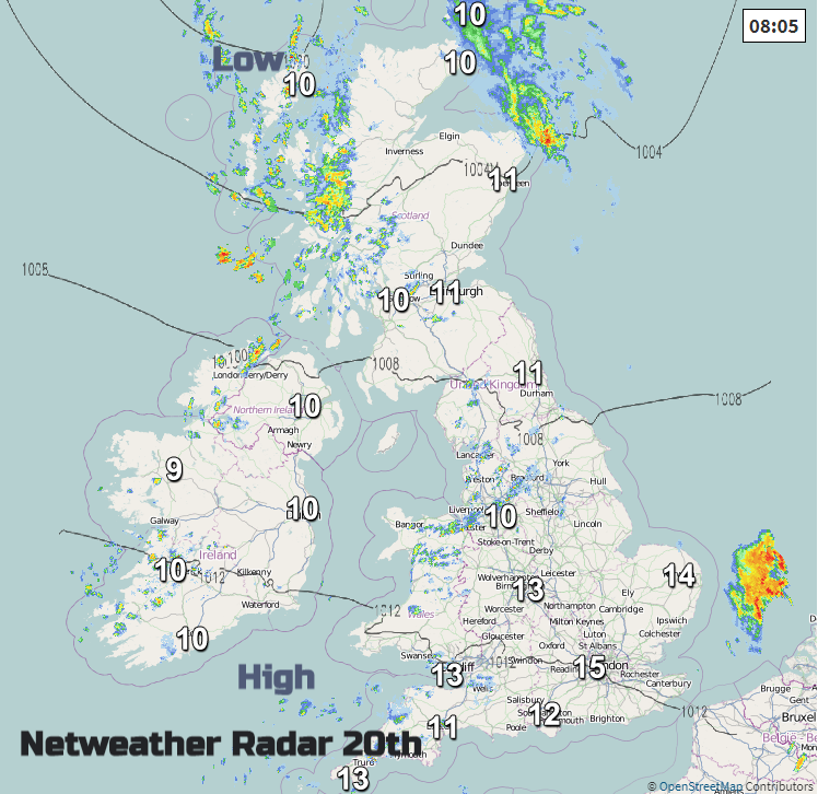 UK radar with temps and pressure