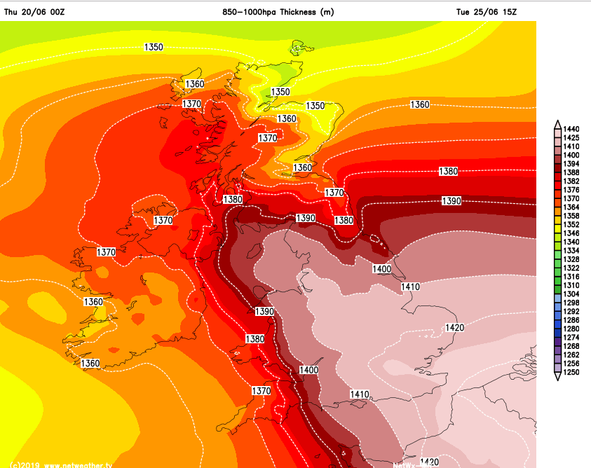 Thickness chart, very warm air for TUes