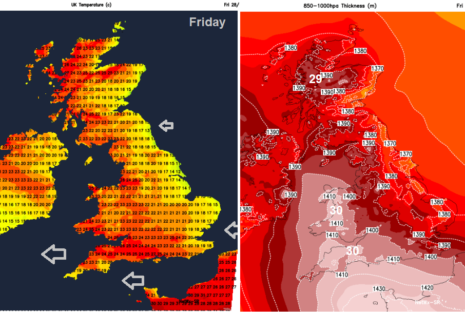 Temperatrue and thickness charts Friday 28th
