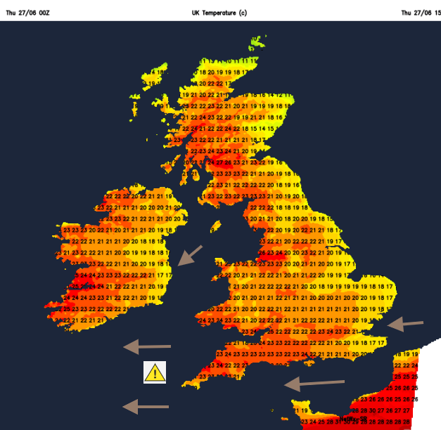 UK temperature map with winds