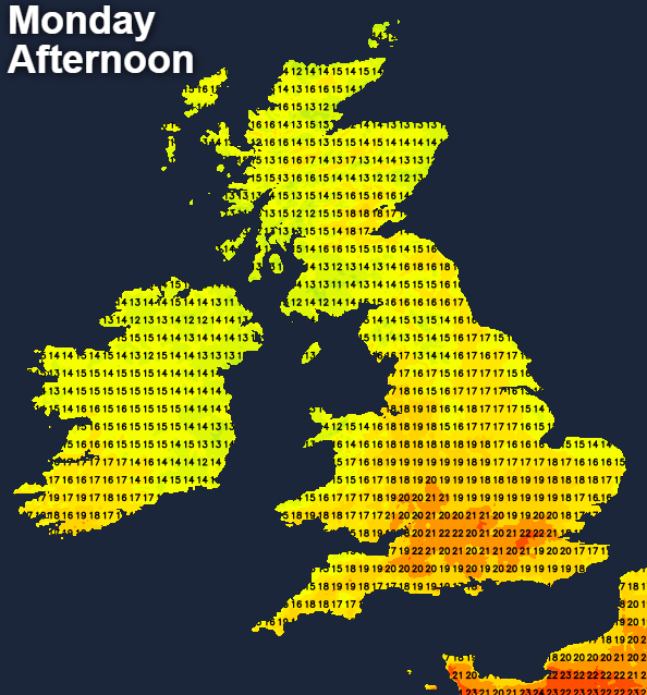 Warmest temperatures in the south on Monday