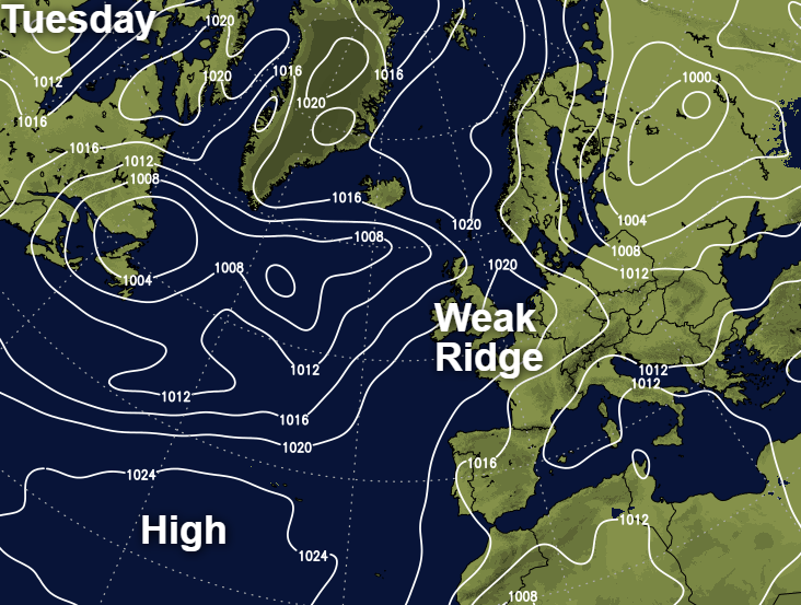 A weak ridge from the Azores high over the UK