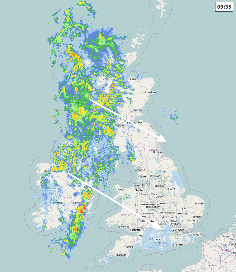 Radar image at 0935 - rain in the northwest 