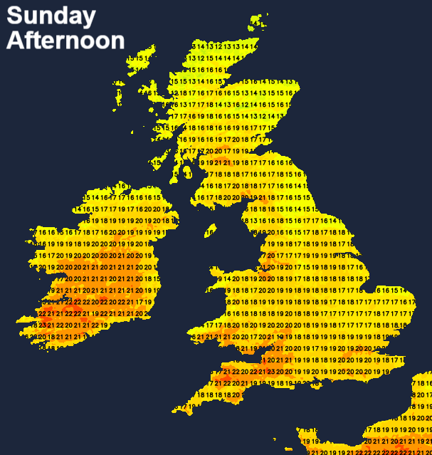 Temperatures on Sunday afternoon