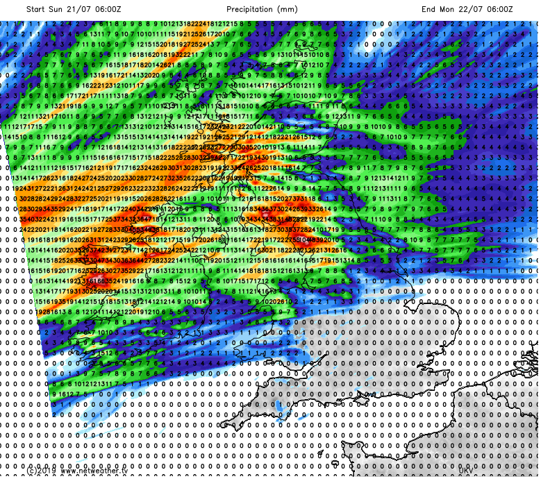 Rainfall totals on Sunday and into Monday - wet in the northwest