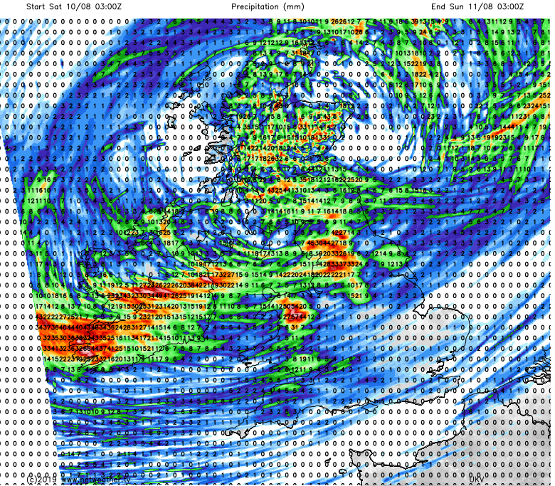 Heavy thundery showers bringing high rainfall totals on Saturday