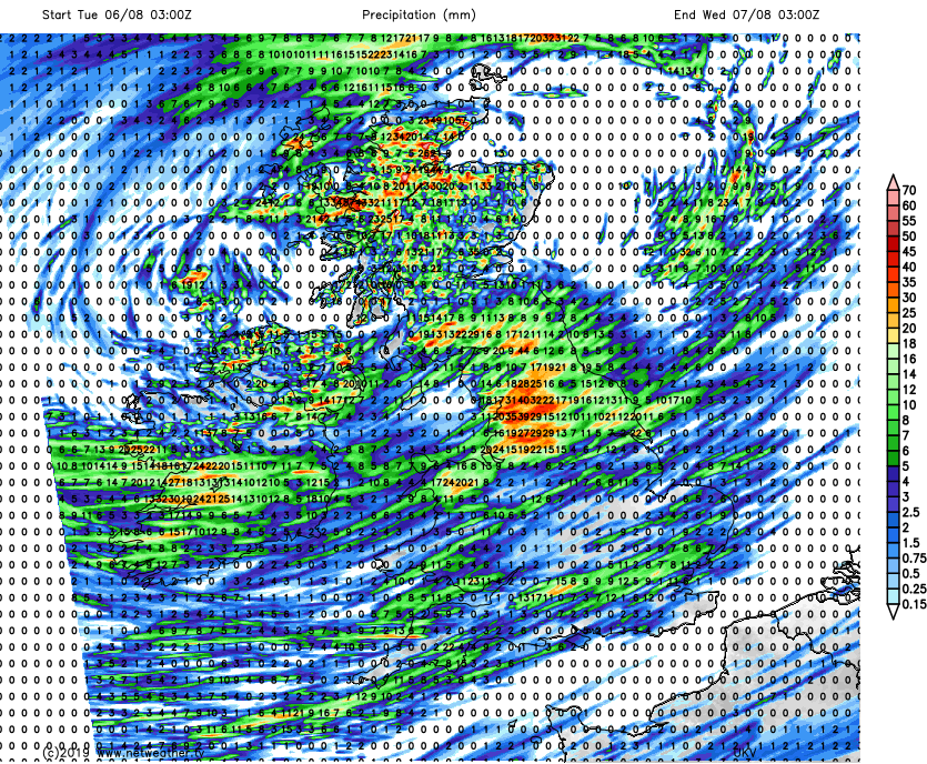 Rainfall totals on Tuesday