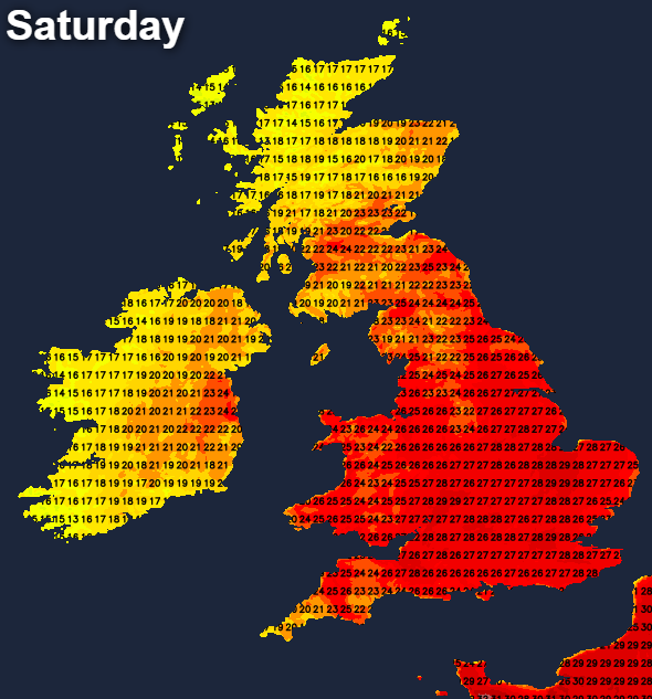 Temperatures on Saturday afternoon