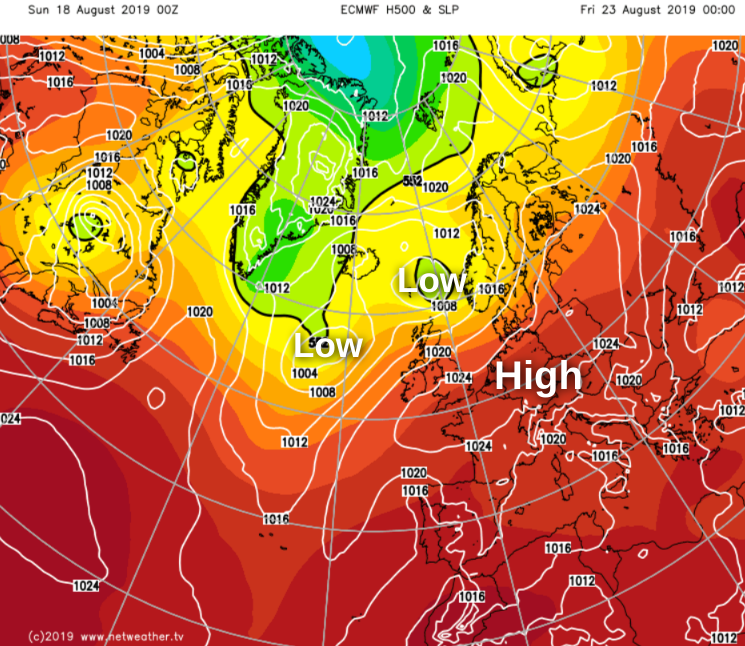 High pressure in the south, low pressure near to the North on Friday
