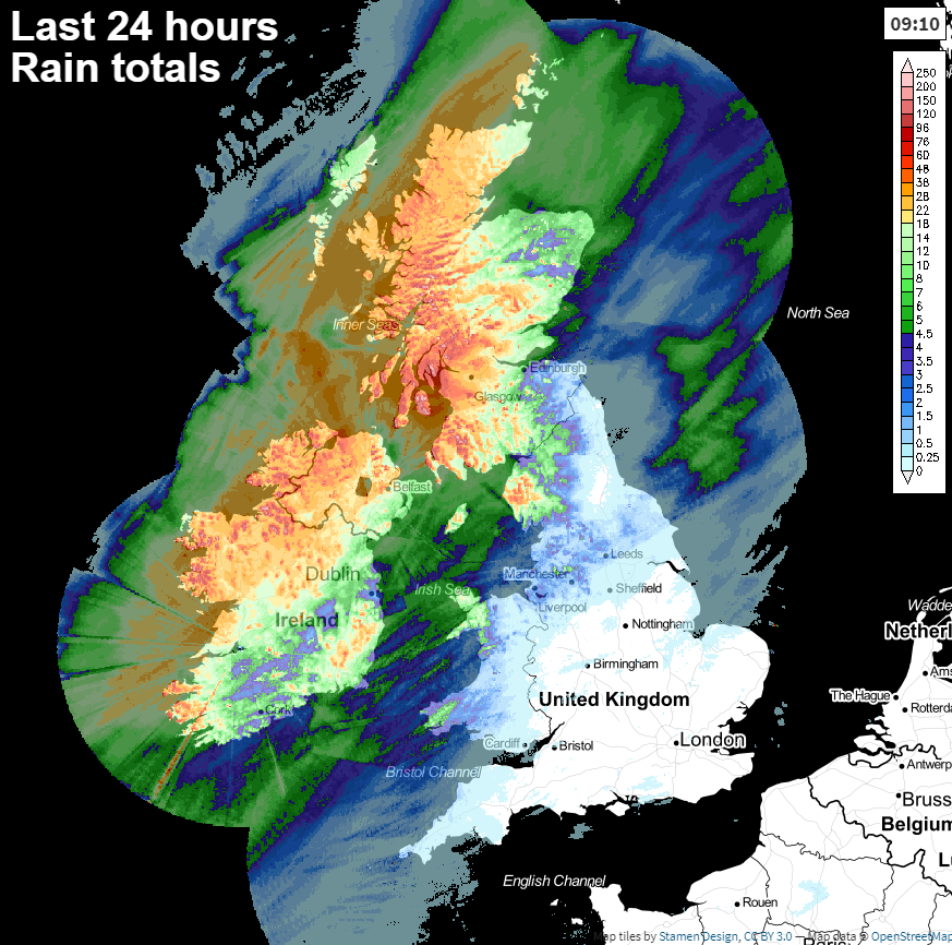 Rainfall totals over the last 24 hours