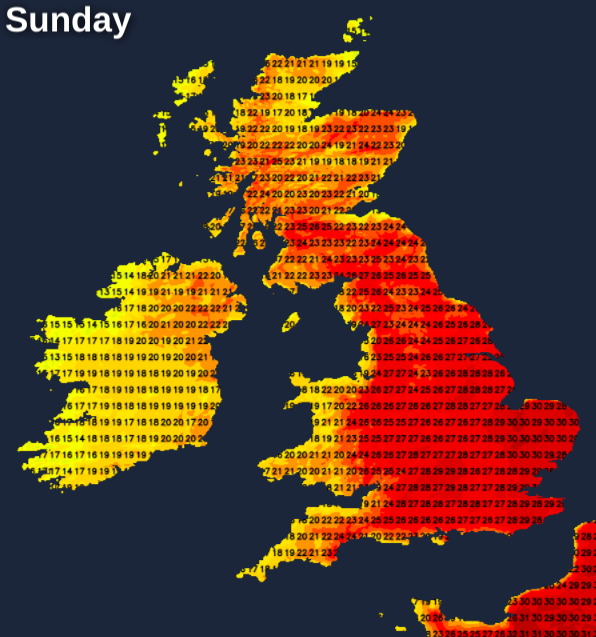 Temperatures on Sunday - into the thirties Celsius.