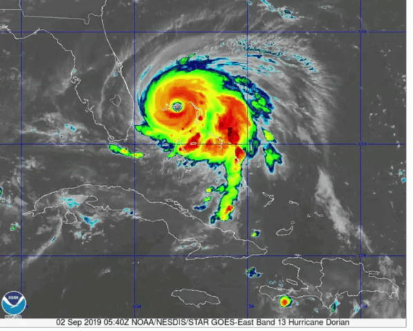 Hurricane Dorian moving across the Bahamas 