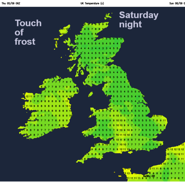 UK frost risk Saturday night temps