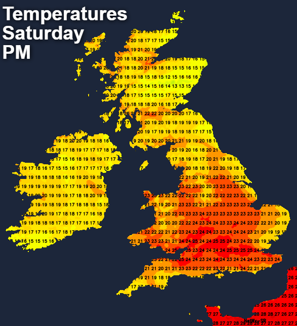 Temperatures on Saturday afternoon - mid-twenties for some