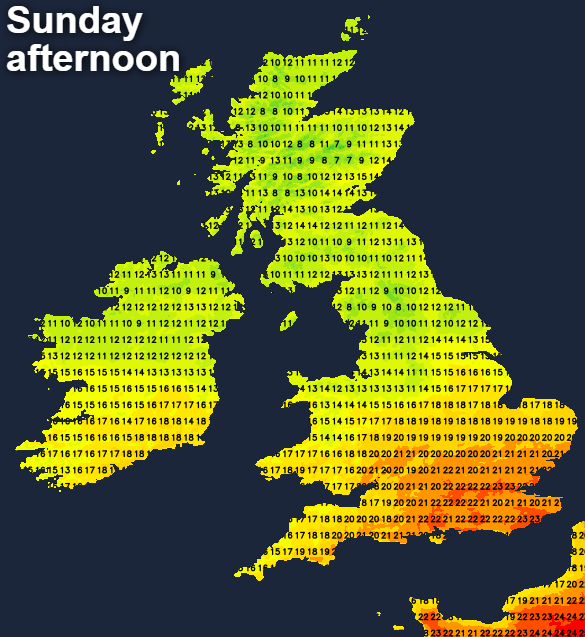 Temperatures on Sunday afternoon