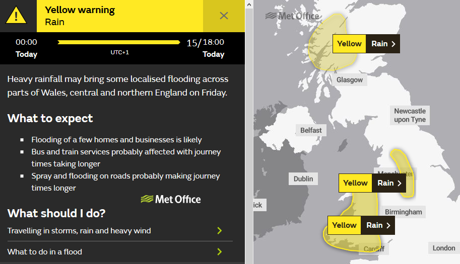 Met Office warnings for rain Wales W.Scotland Pennines