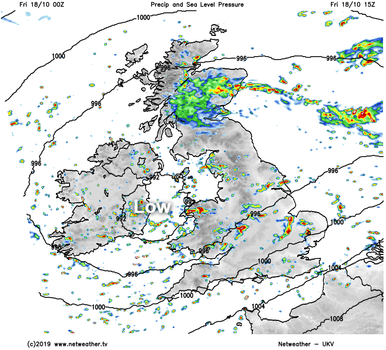 Showers and longer spells of rain rotating around low pressure today