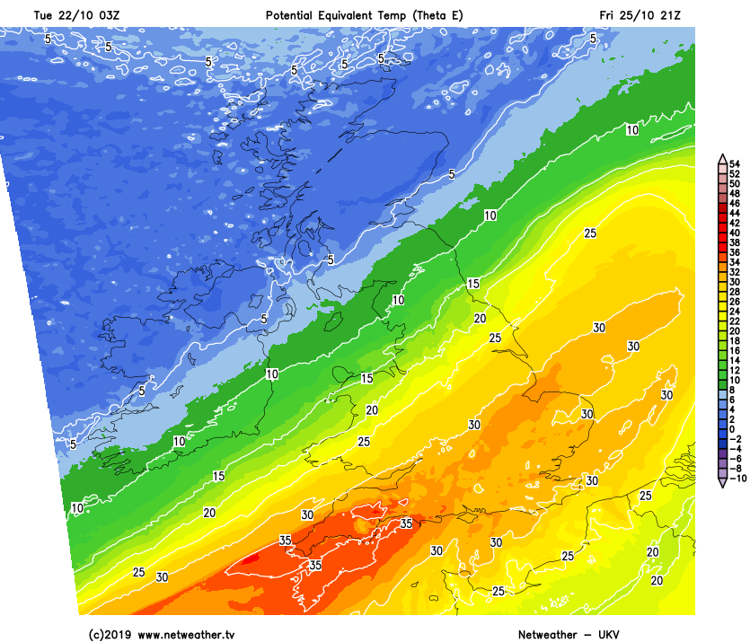 Cold air over the north of the UK, much warmer air in the south on Friday