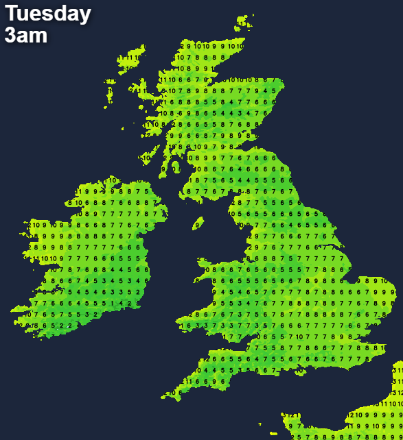 Temperatures on Tuesday morning at 3am